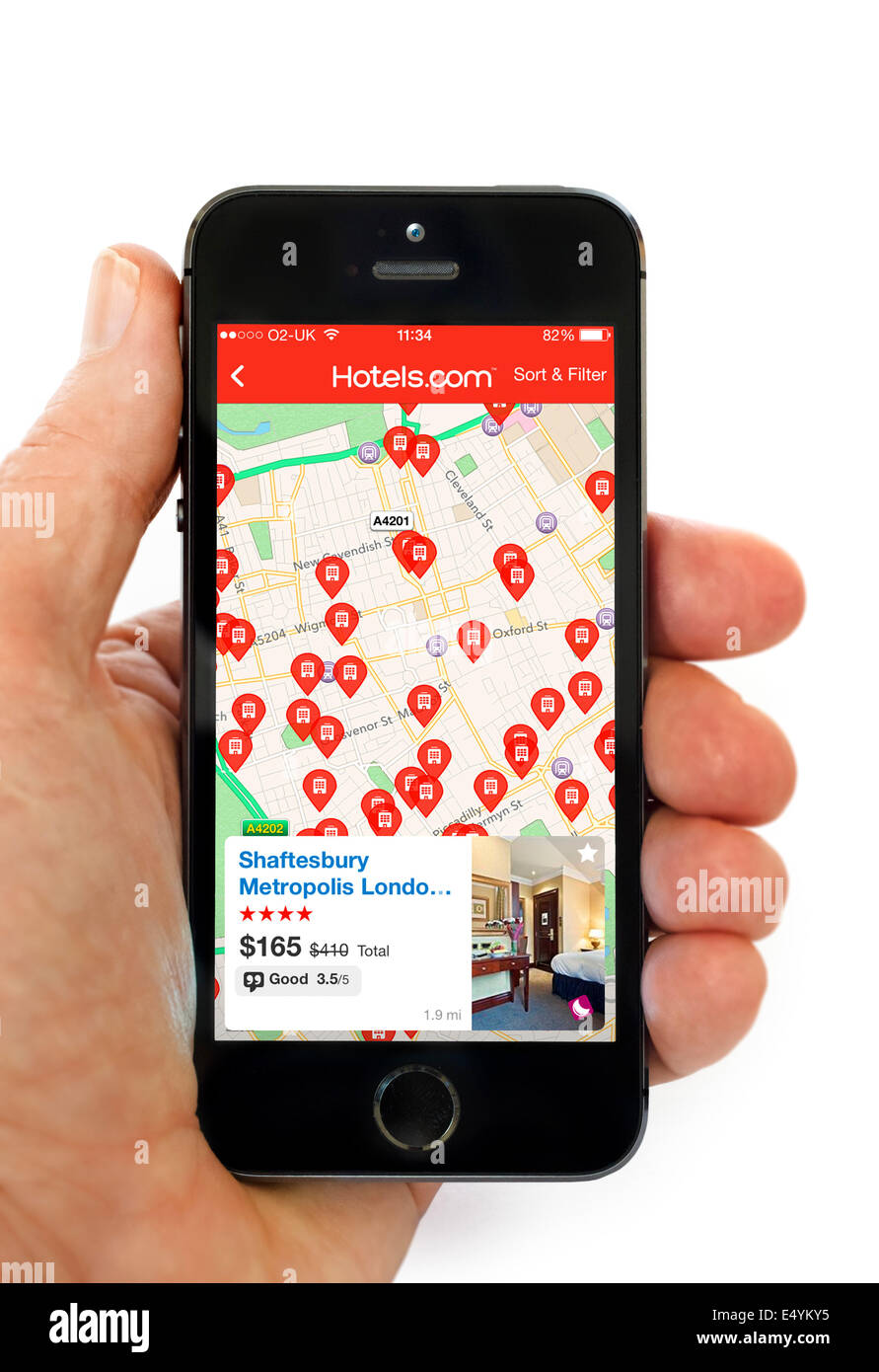 Il Hotels.com app su un Apple iPhone 5S, REGNO UNITO Foto Stock