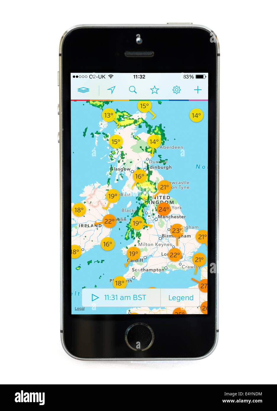 La Weather Underground WunderMap app su un Apple iPhone 5S, REGNO UNITO Foto Stock
