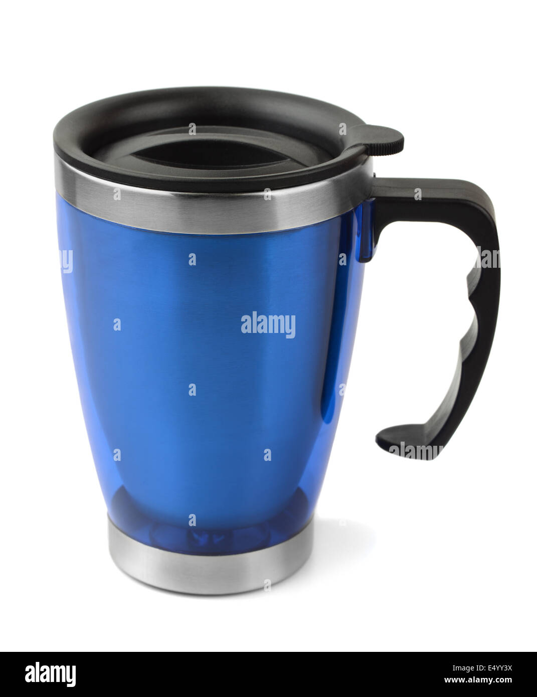 Termica blu coppa di viaggio isolato su bianco Foto Stock