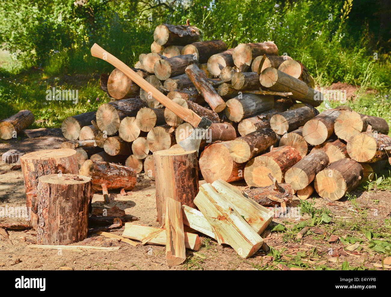 Catasta di legna da ardere e ax Foto Stock