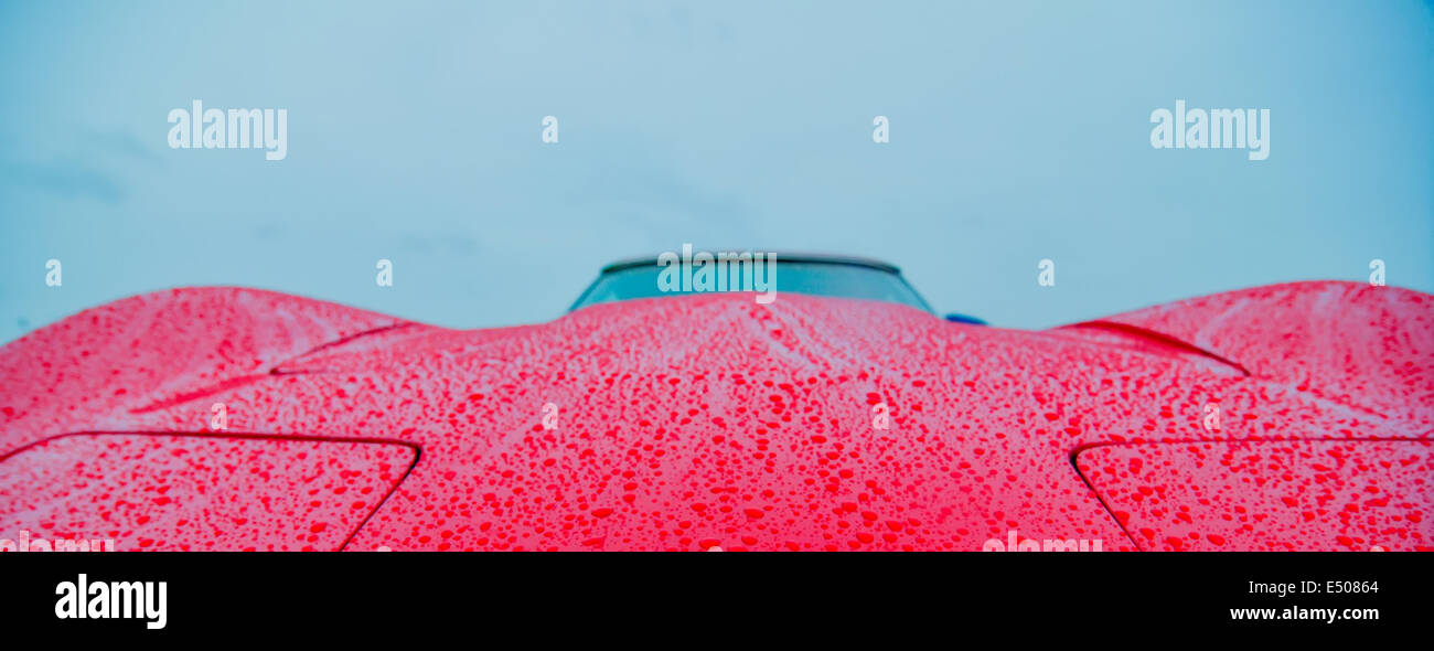 Auto sportiva rossa bagnato da gocce di pioggia Foto Stock