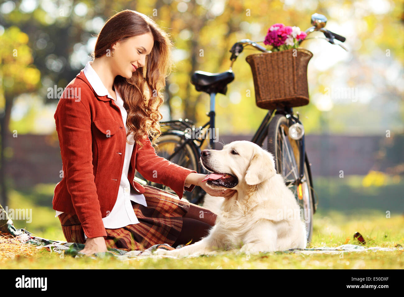 Bella donna seduta su una erba e guardando il suo cane in un parco Foto Stock