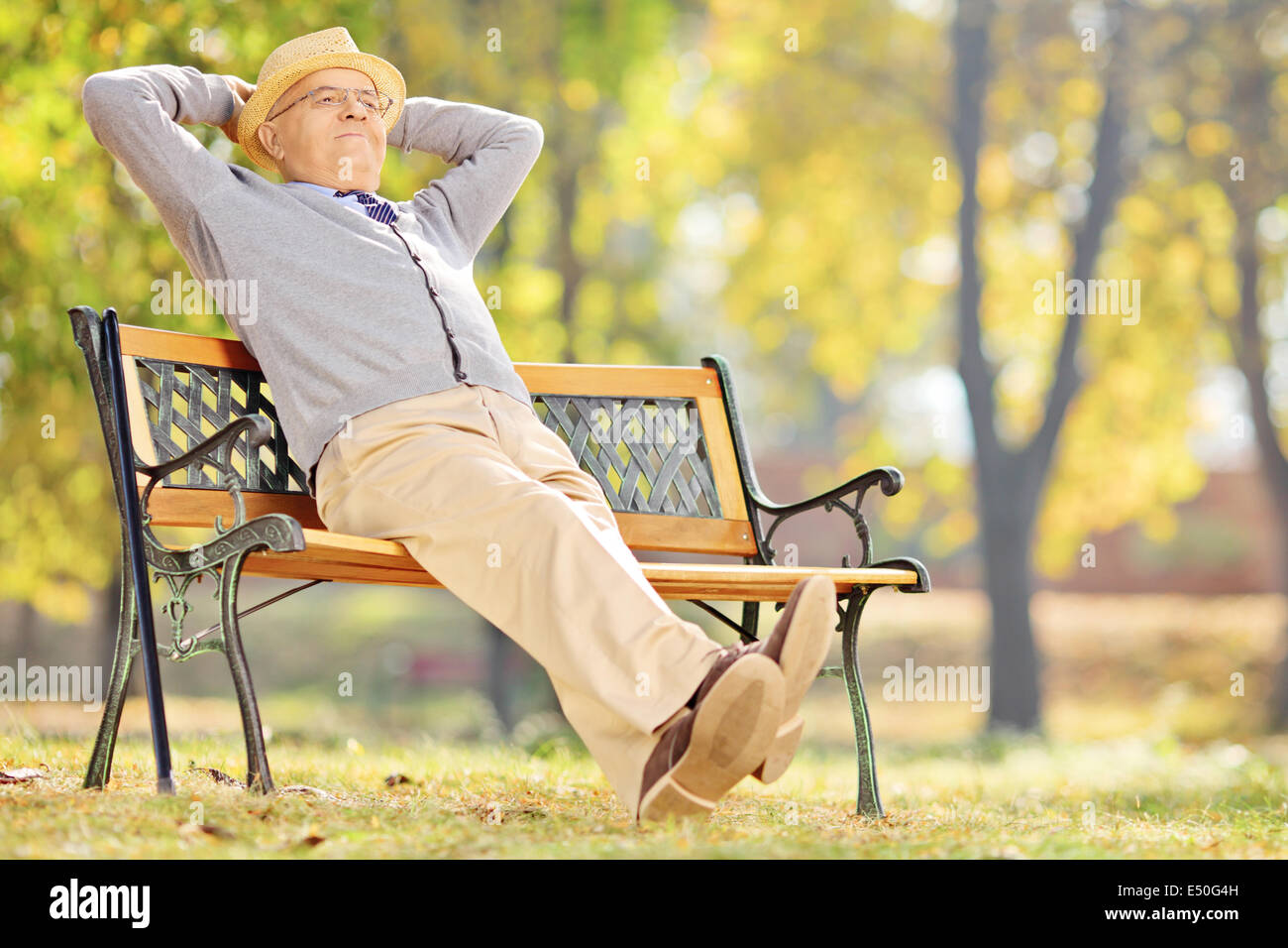 Senior gentleman seduta sul banco e rilassante in un parco Foto Stock