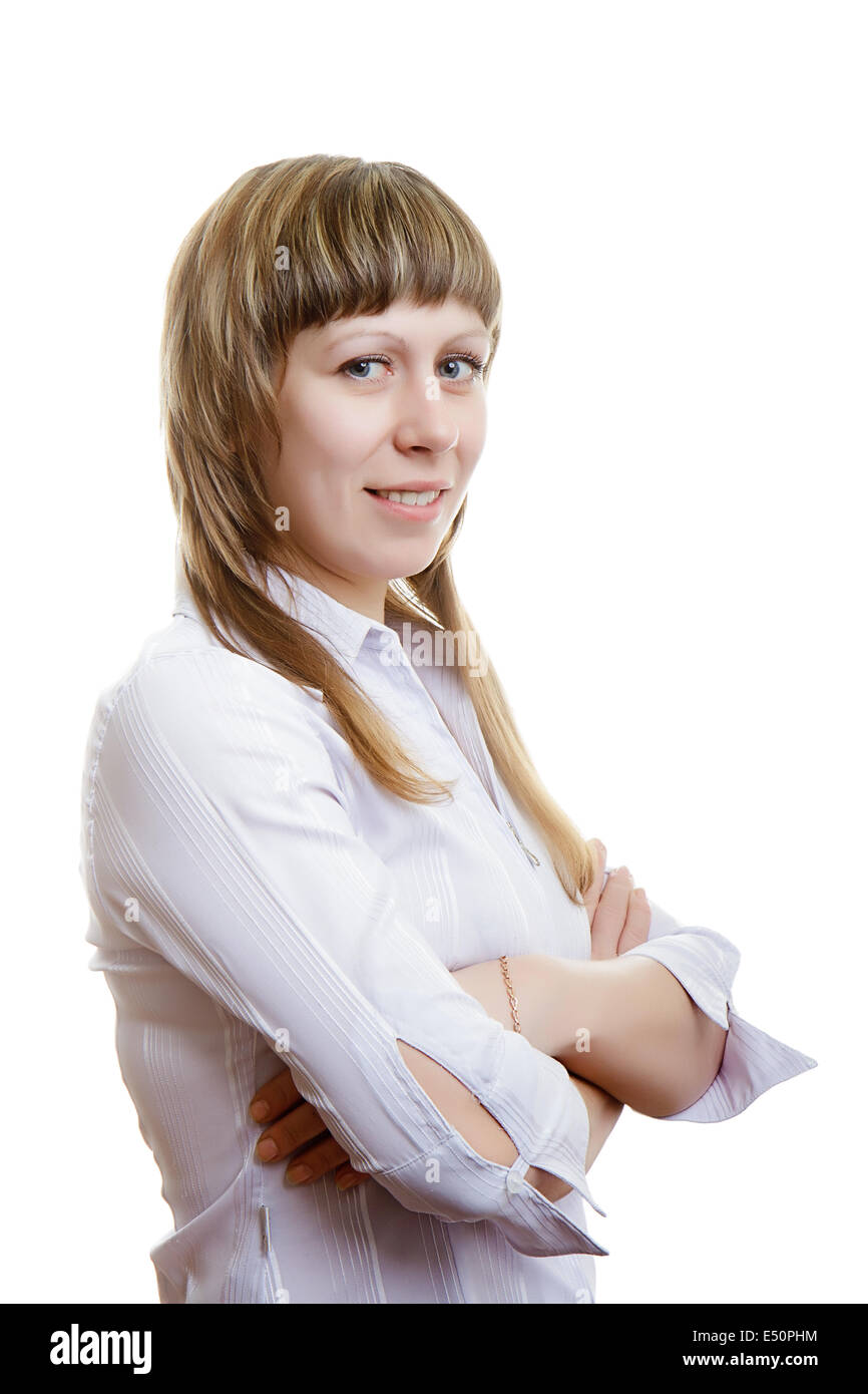 Ragazza in una camicia bianca su sfondo bianco Foto Stock