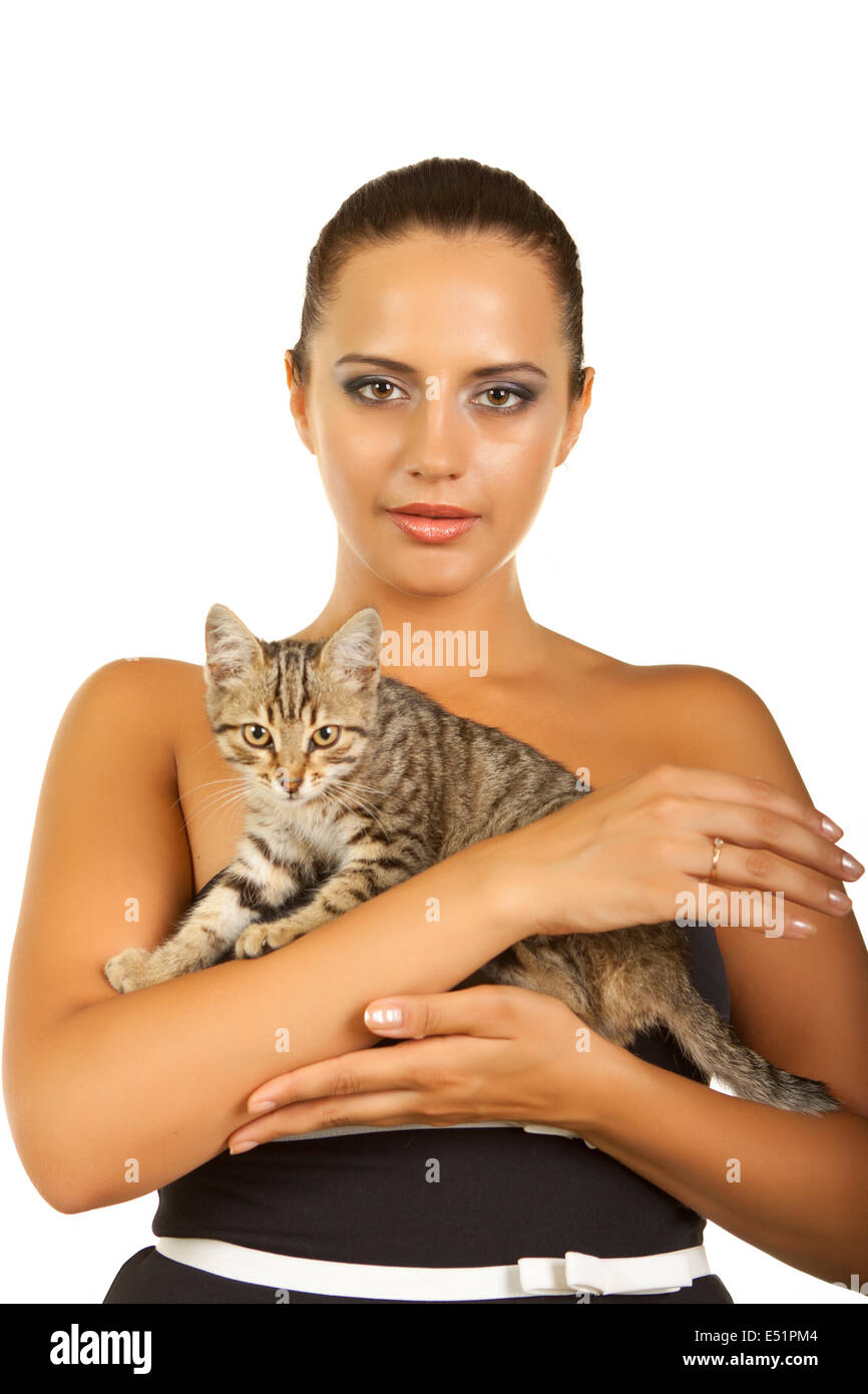 Donna tenere il suo bel gatto Foto Stock