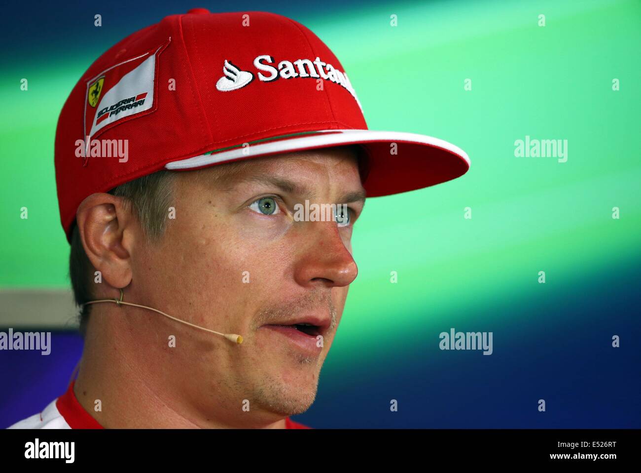 Fine pilota di Formula Uno Kimi Raeikkoenen della Ferrari Sorrisi durante una conferenza stampa presso l'Hockenheimring circuito di Hockenheim, in Germania, il 17 luglio 2014. Il Gran Premio di Formula Uno di Germania avrà luogo il 20 luglio 2014 all'Hockenheimring. Foto: Jens Buettner/dpa Foto Stock