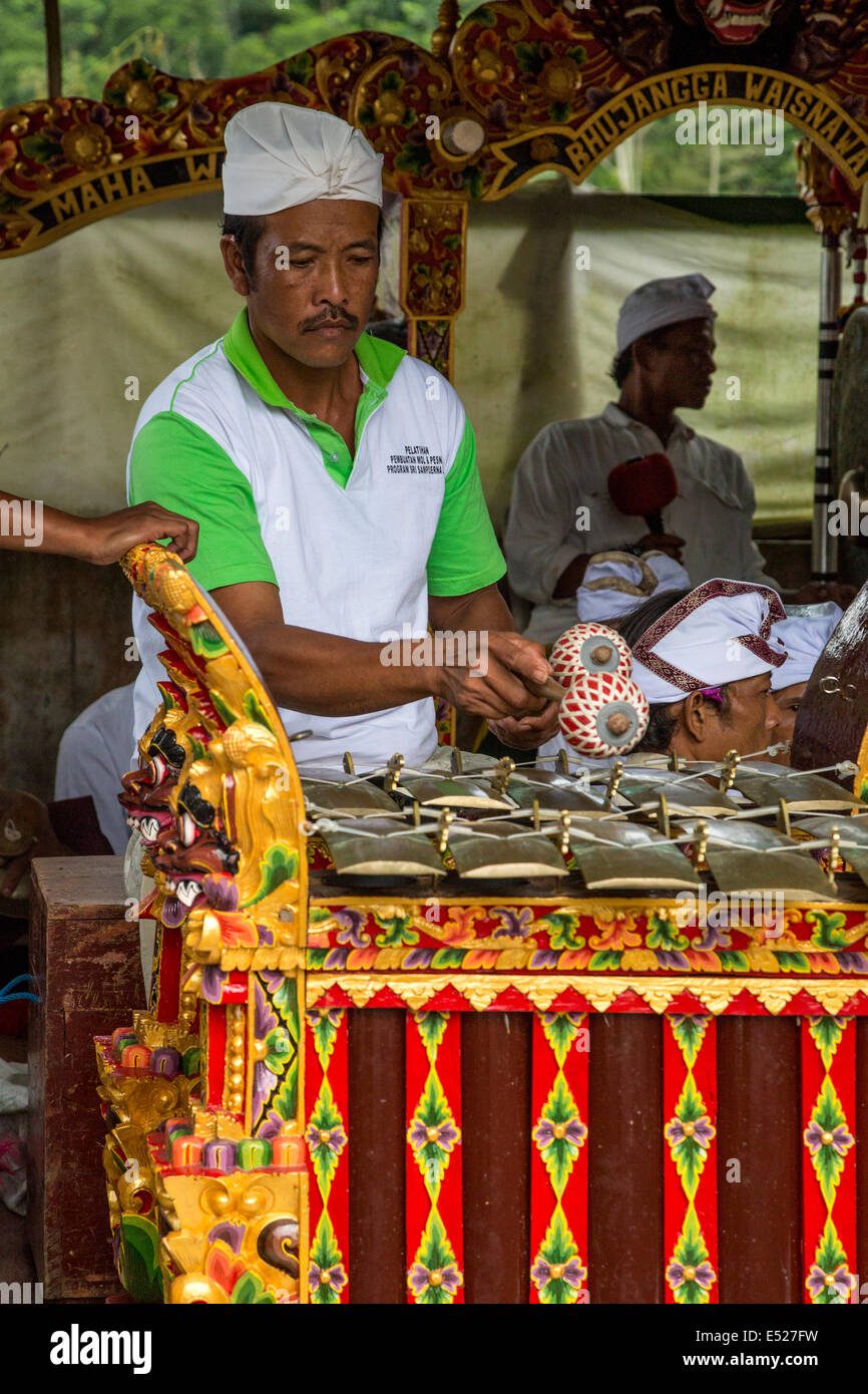 Jatiluwih, Bali, Indonesia. Metallophone (Jegogan) Player in un Gamelan Orchestra, Luhur Bhujangga Waisnawa tempio indù. Foto Stock Jatiluwih, Bali, Indonesia. Metallophone (Jegogan) Player in un Gamelan Orchestra, Luhur Bhujangga Waisnawa tempio indù. Foto Stock