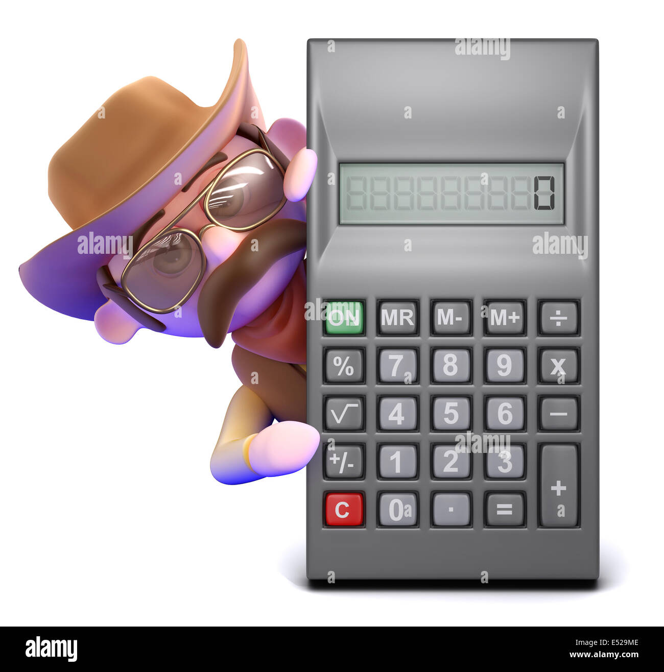 3D render di un cowboy sceriffo si nasconde dietro una calcolatrice Foto Stock