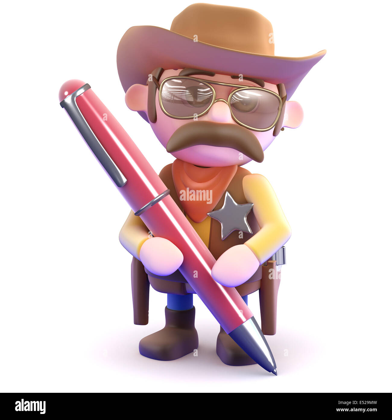 3D render di un cowboy sceriffo scrivere con una penna rossa Foto Stock