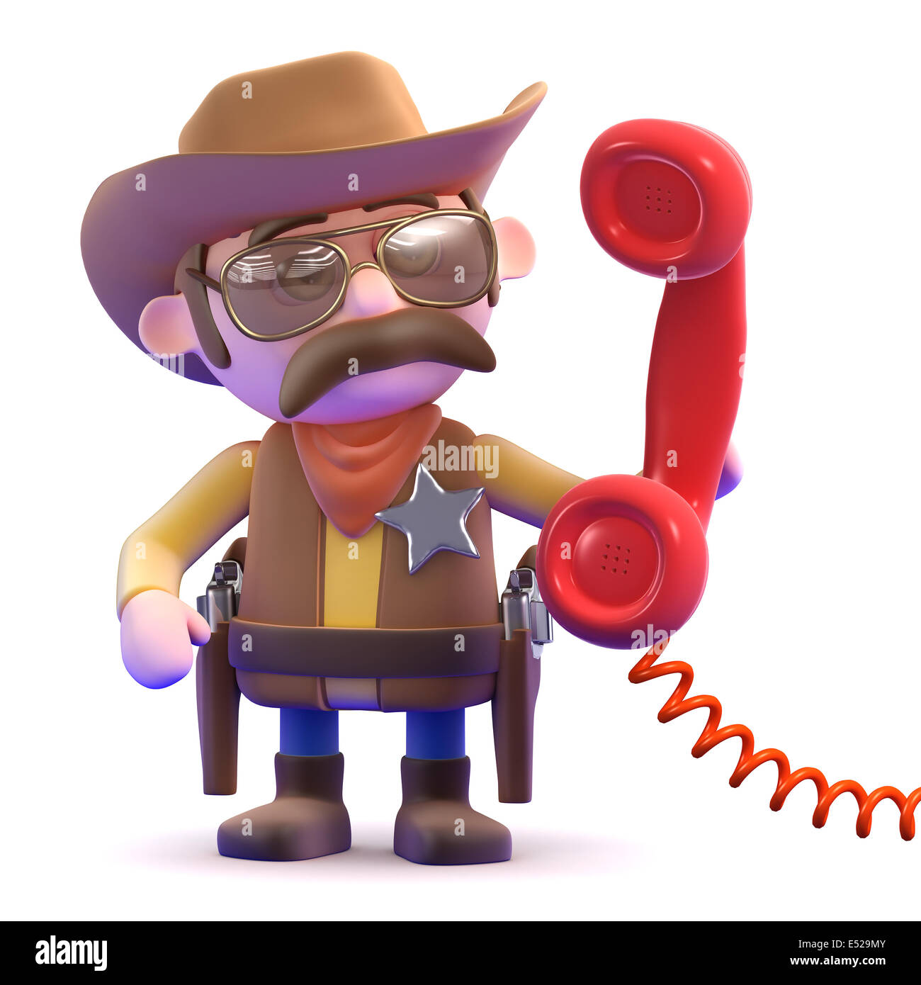 3D render di un cowboy sceriffo tenere una cornetta telefonica Foto Stock