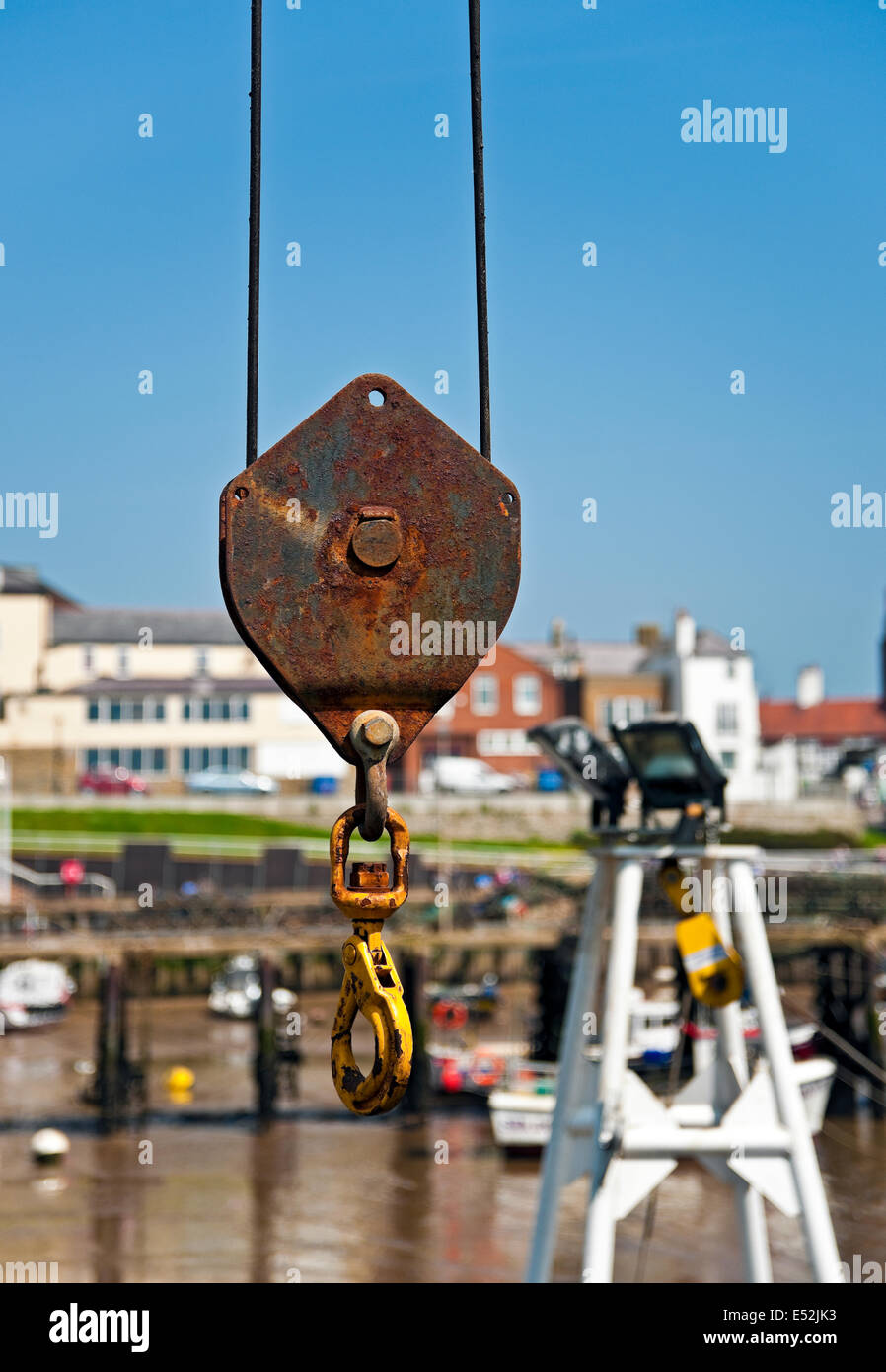 Close up di un blocco e la puleggia Bridlington Harbor East Yorkshire England Regno Unito Regno Unito GB Gran Bretagna Foto Stock