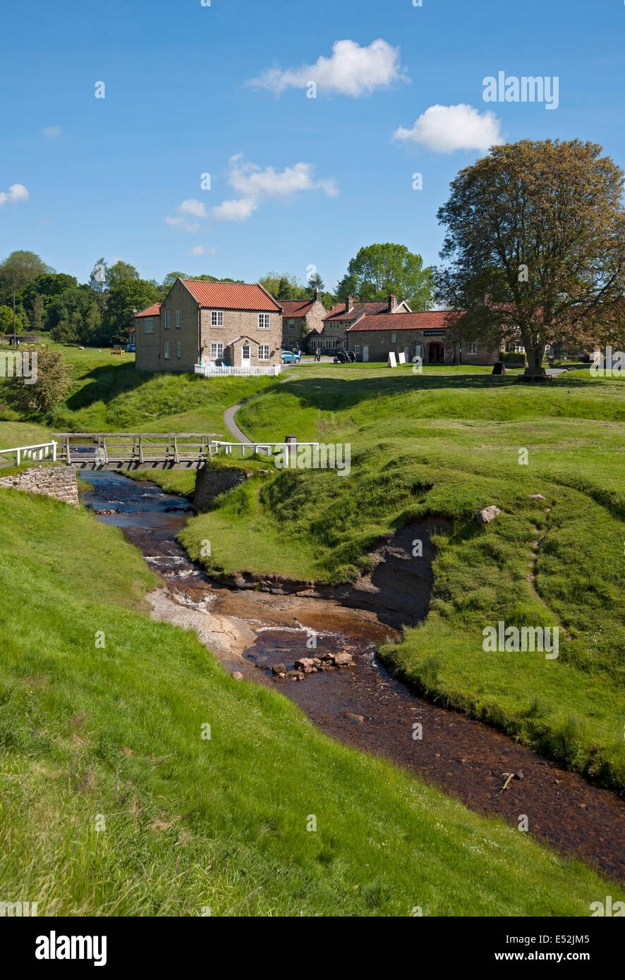 Il torrente beck attraversa il pittoresco villaggio di Hutton-le-Hole in estate nel North Yorkshire Inghilterra Regno Unito Gran Bretagna Foto Stock