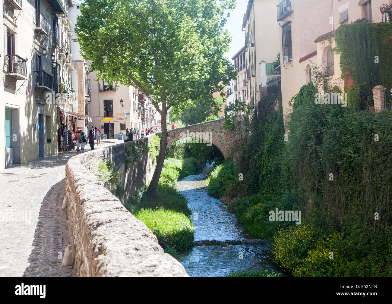 Edifici storici sulla Carrera del Darro e il vecchio ponte sul Rio fiume Darro, Granada, Spagna Foto Stock