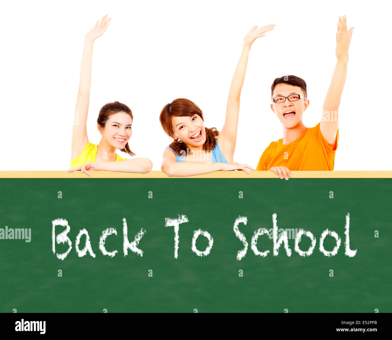 Si torna a scuola, giovane studente di alzare la mano per mostrare Foto Stock