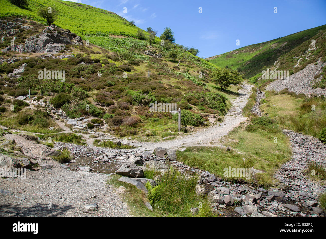 Incrocio di sentieri nella cardatura Mill Valley a Cava Lightspout sulla lunga Mynd nello Shropshire REGNO UNITO Foto Stock