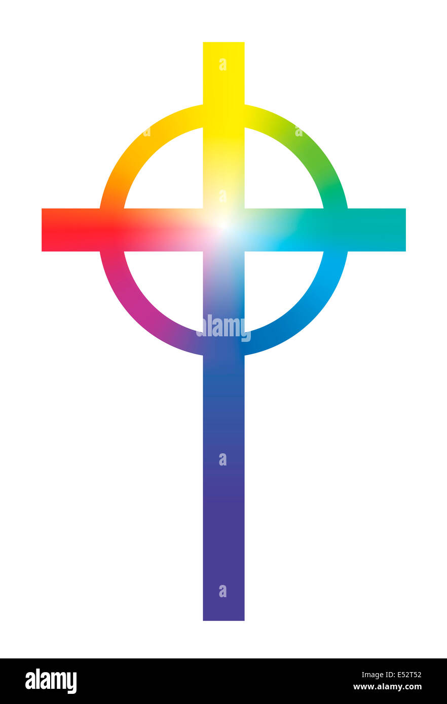 Una croce cristiana con circolare del gradiente arcobaleno di colorazione e di centro luminescente. Foto Stock