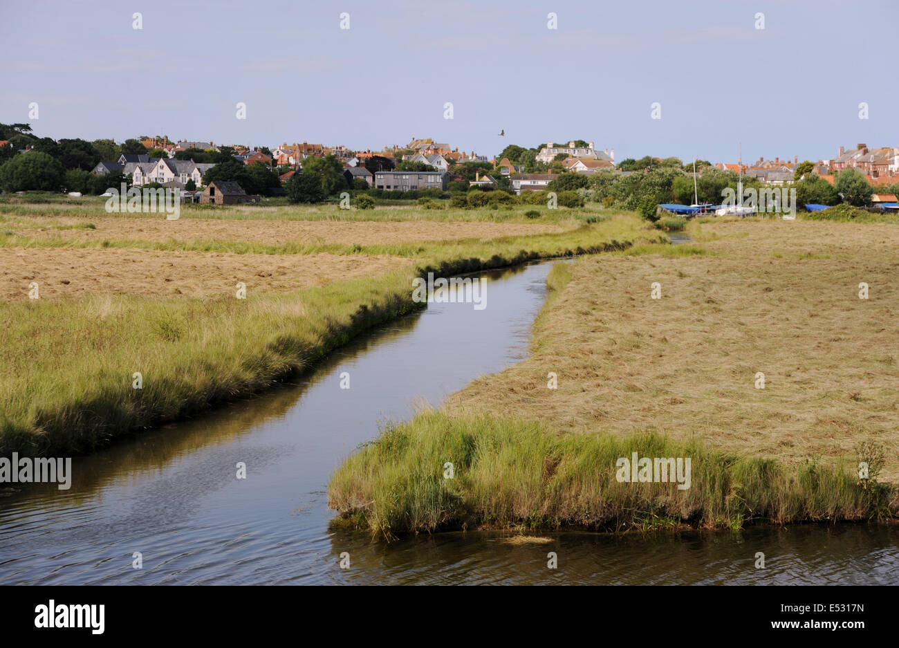 Viste intorno il Suffolk cittadina balneare di Aldeburgh UK Creek o stream off il fiume Alde estuario zone umide e canneti Foto Stock