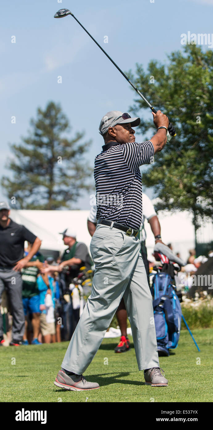 Stateline, Nevada, Stati Uniti d'America. 18 Luglio, 2014. MLB Hall of Fame Interbase OZZIE Smith gioca a Edgewood Tahoe il primo giorno della concorrenza alla venticinquesima edizione del secolo americano campionato. Credito: Brian Cahn/ZUMA filo/Alamy Live News Foto Stock