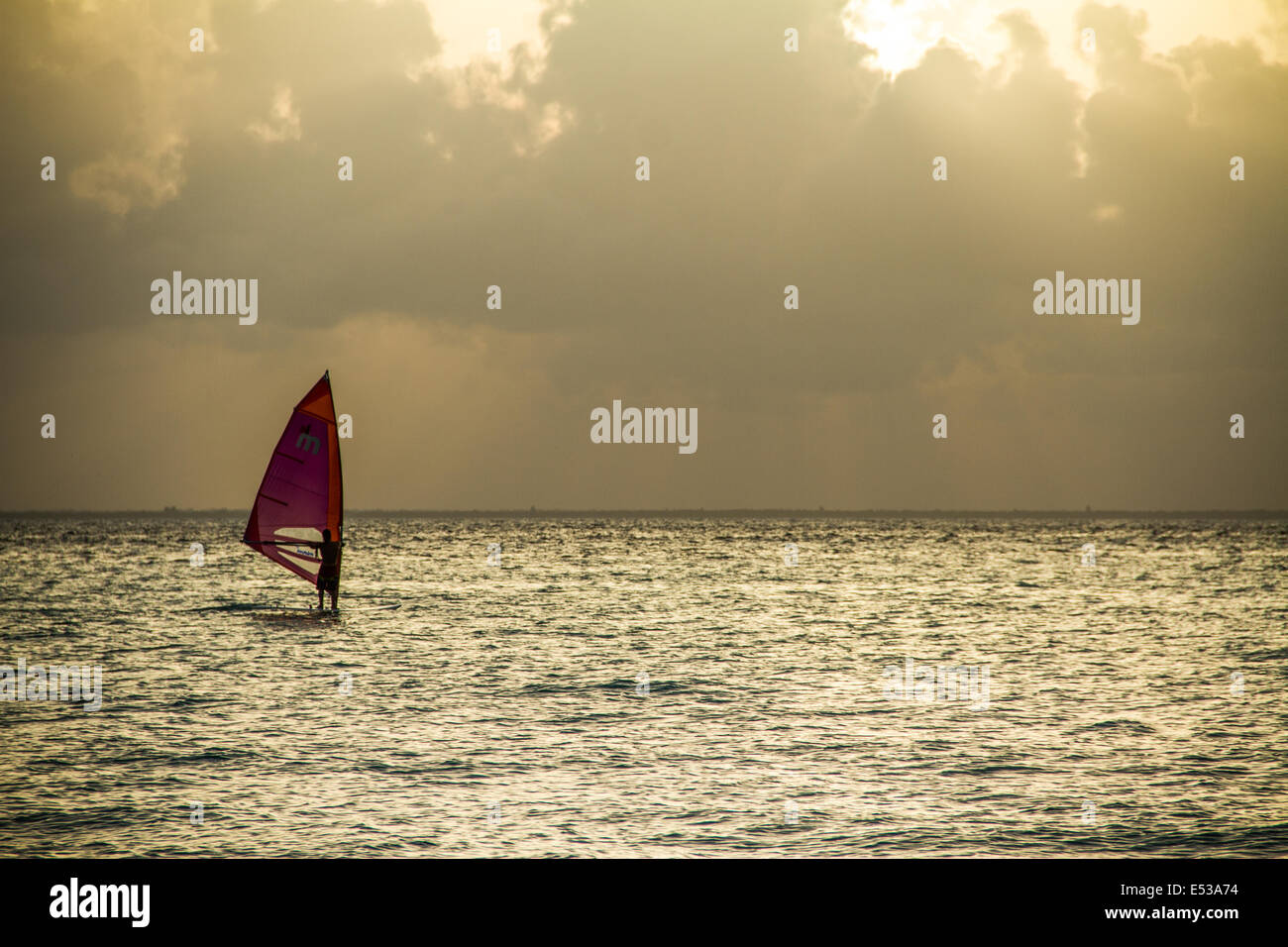 Windsurf Vela dal tramonto al mare dei Caraibi Foto Stock