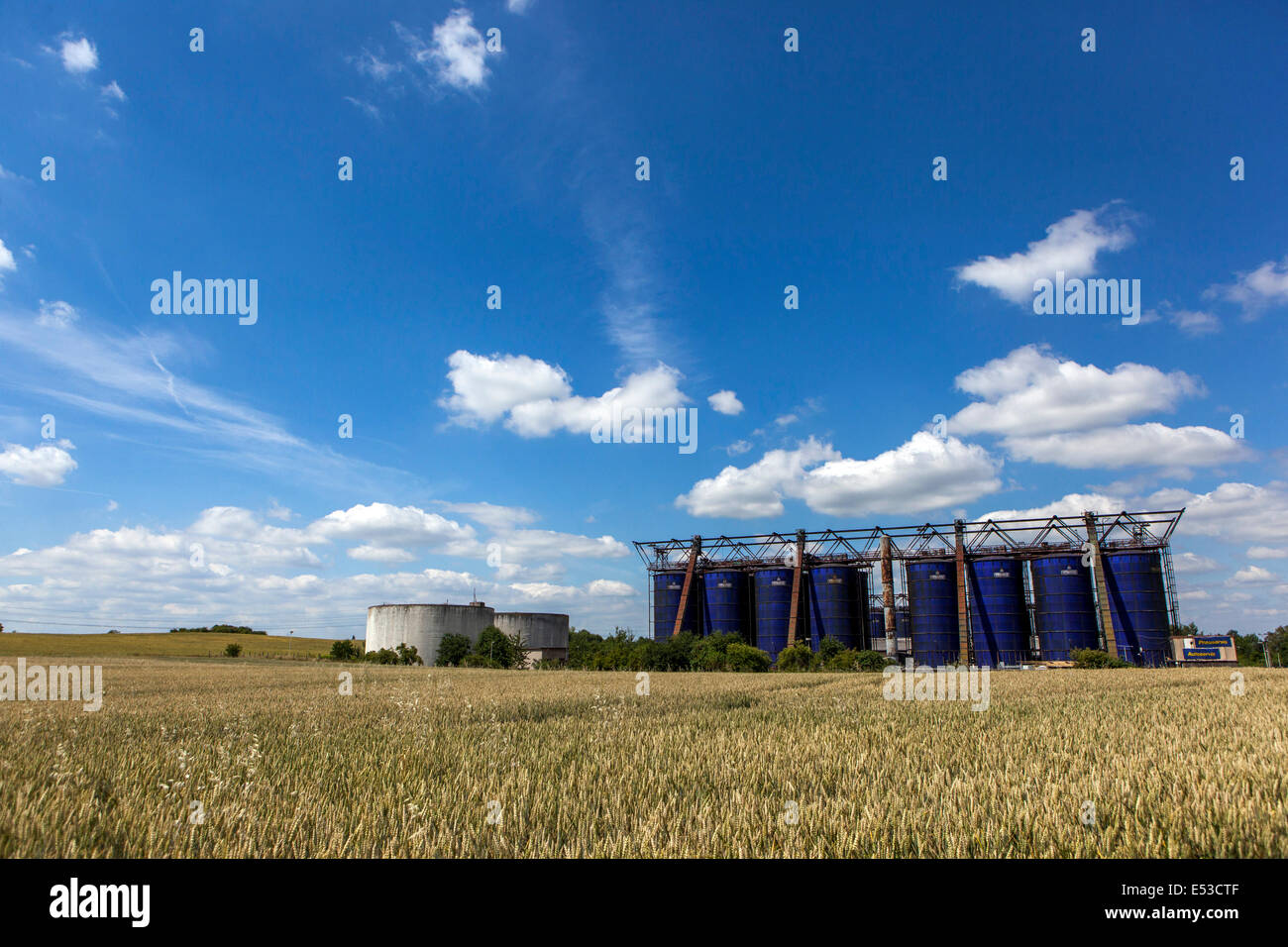 Silos per il grano nel paesaggio agricolo, Repubblica Ceca Foto Stock