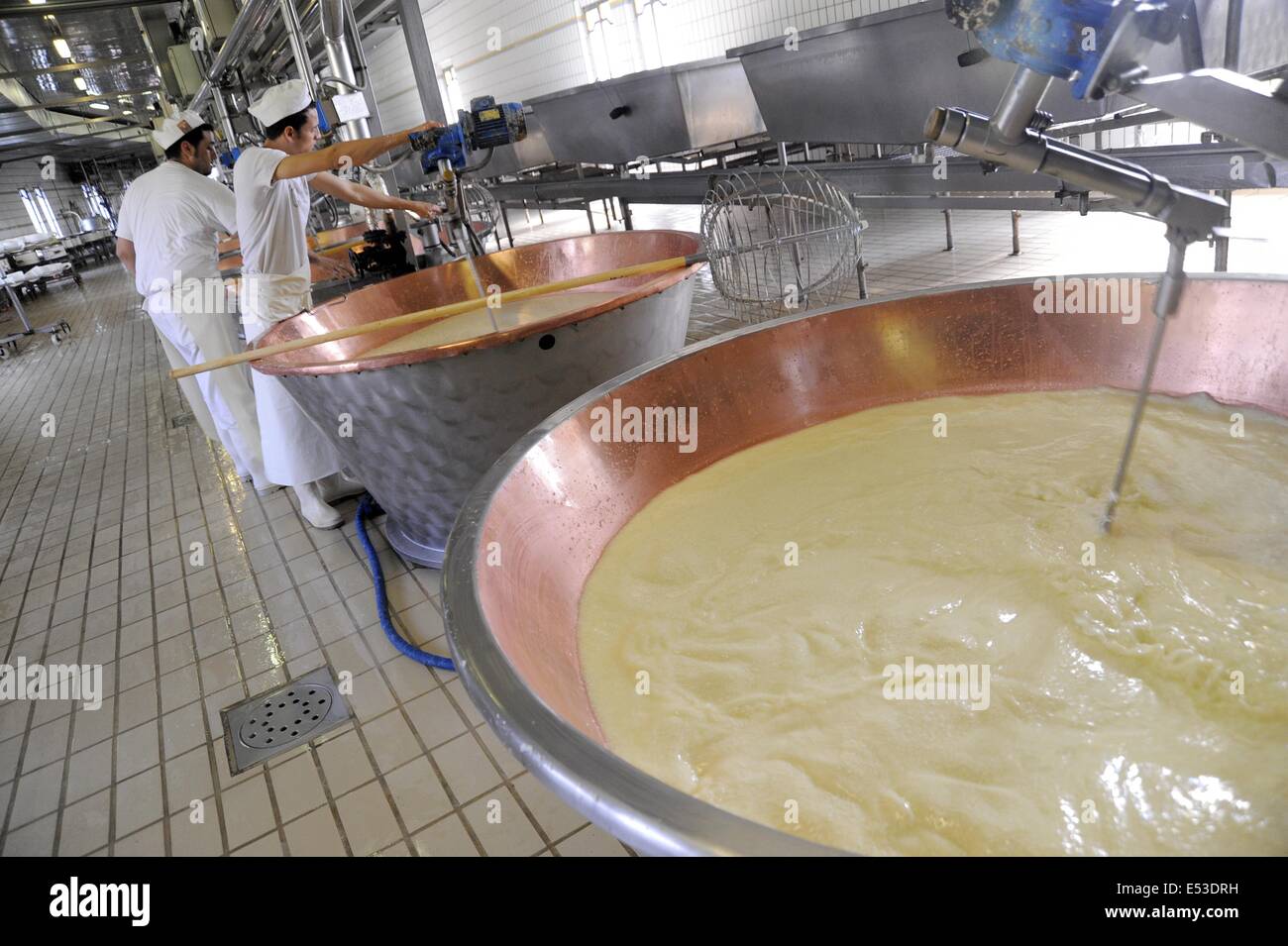 Trescore Cremasco (Cremona, Italia); produzione di Grana Padano DOP italiani formaggio tipico Foto Stock