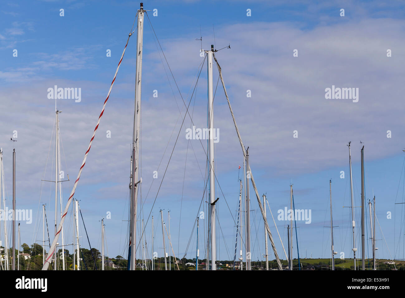 Yacht a montanti contro il cielo a Kinsale, County Cork, Irlanda. Foto Stock