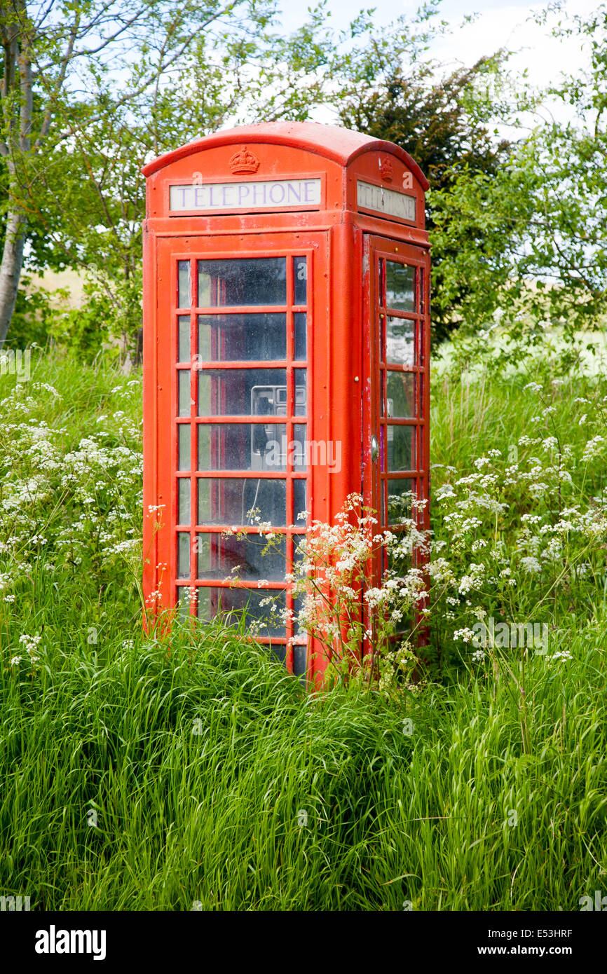 Tradizionale in rosso nella casella Telefono in area rurale diventando incolto attraverso la mancanza di uso, Wiltshire, Inghilterra Foto Stock