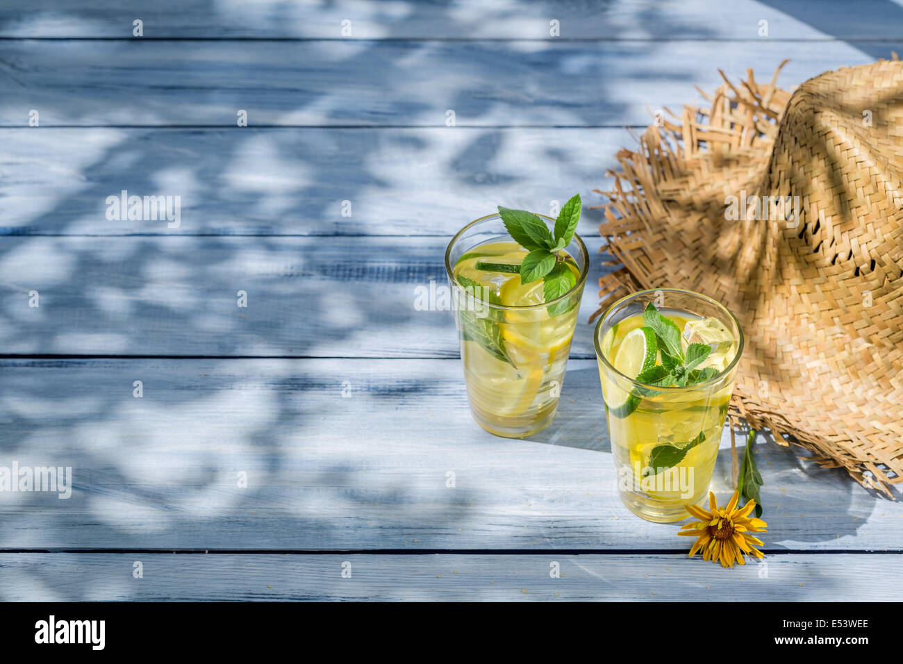 Bevanda fredda con limone e foglie di menta come sfondo di estate Foto Stock