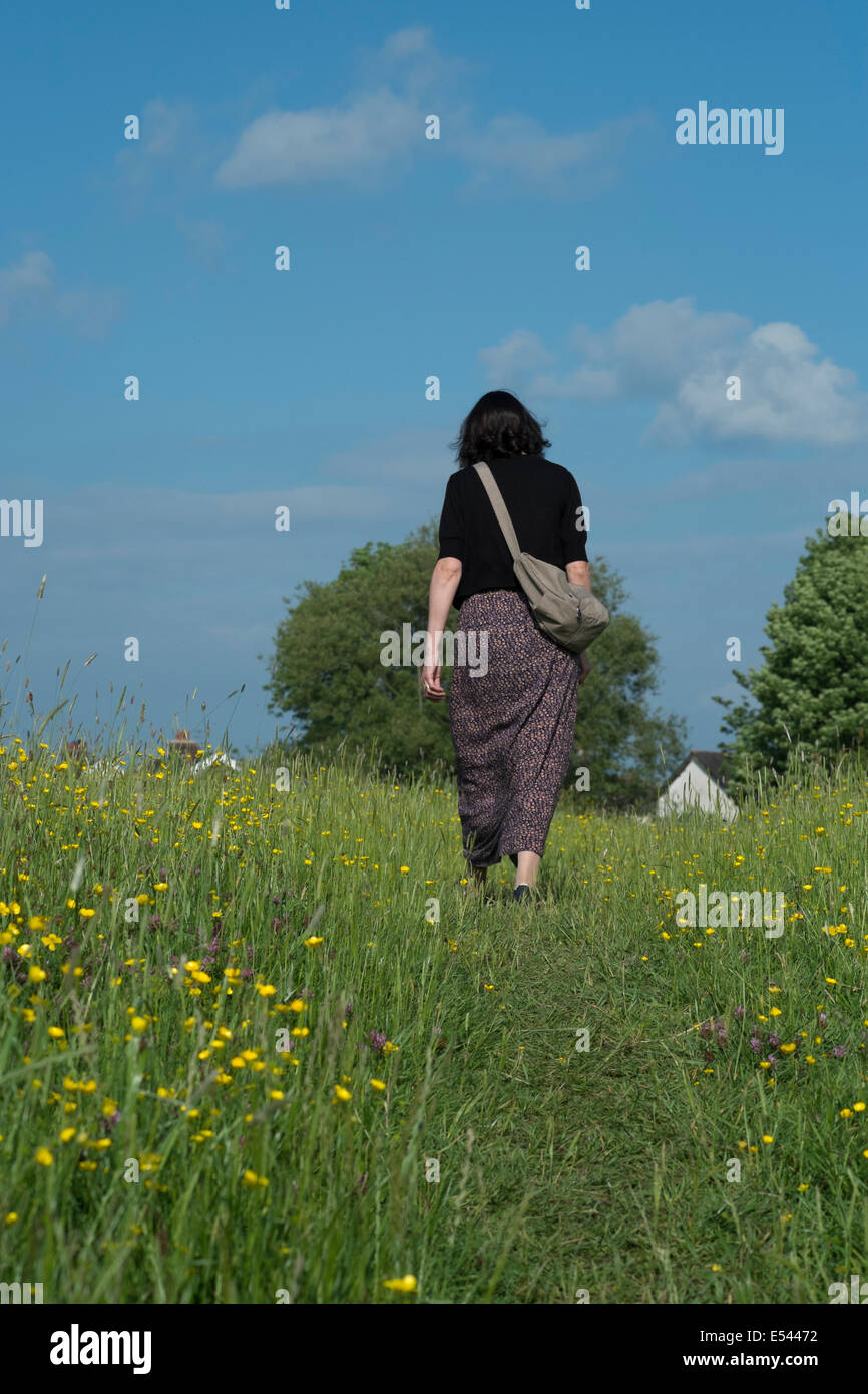 Le donne solo a piedi attraverso un campo con renoncules. Foto Stock