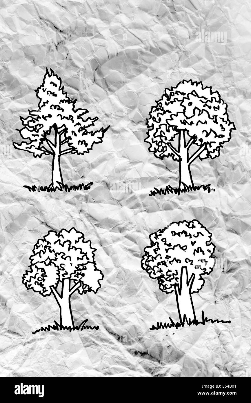 Set di alberi con foglie su carta sgualcita Foto Stock