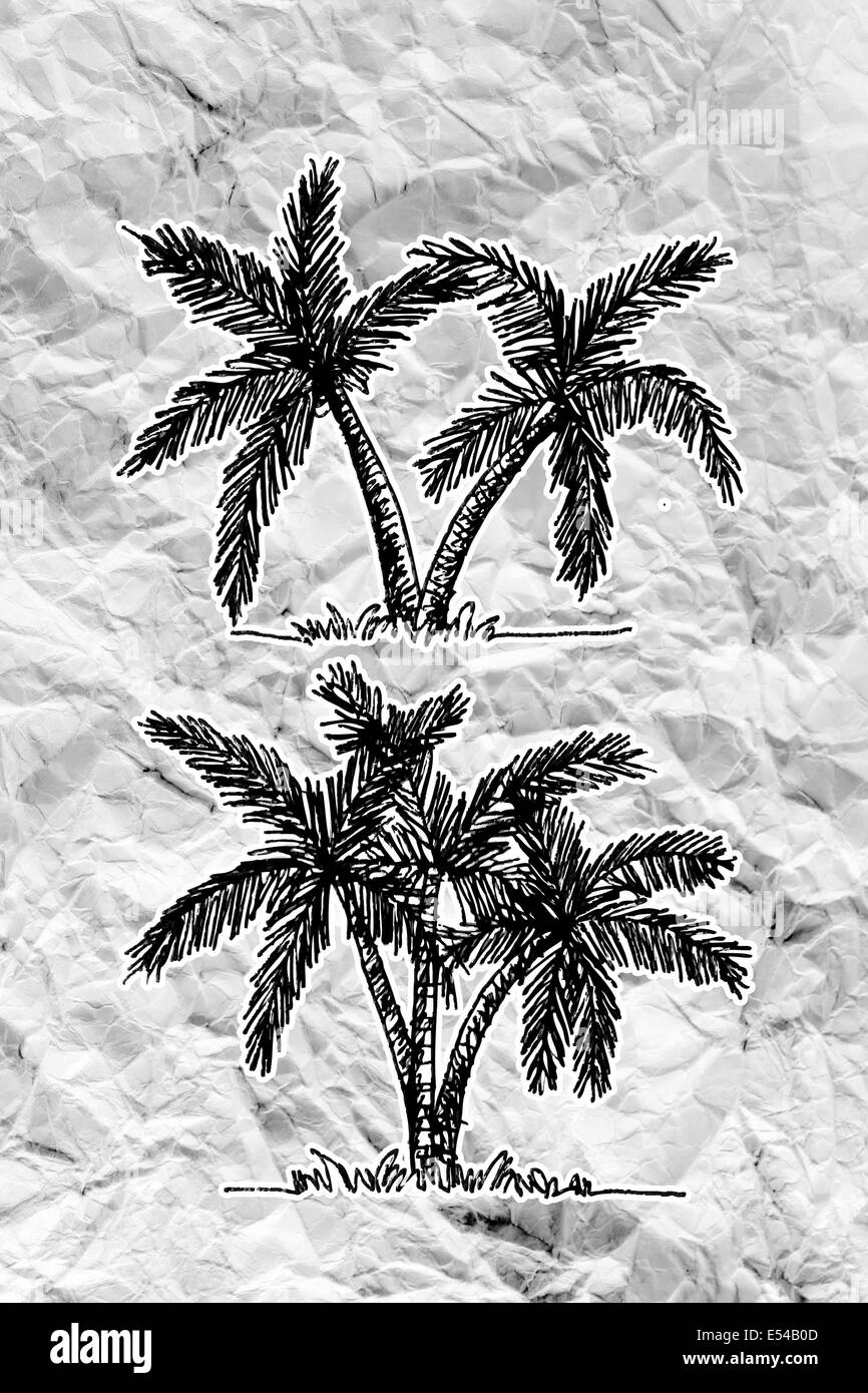 Set di alberi con foglie su carta sgualcita Foto Stock