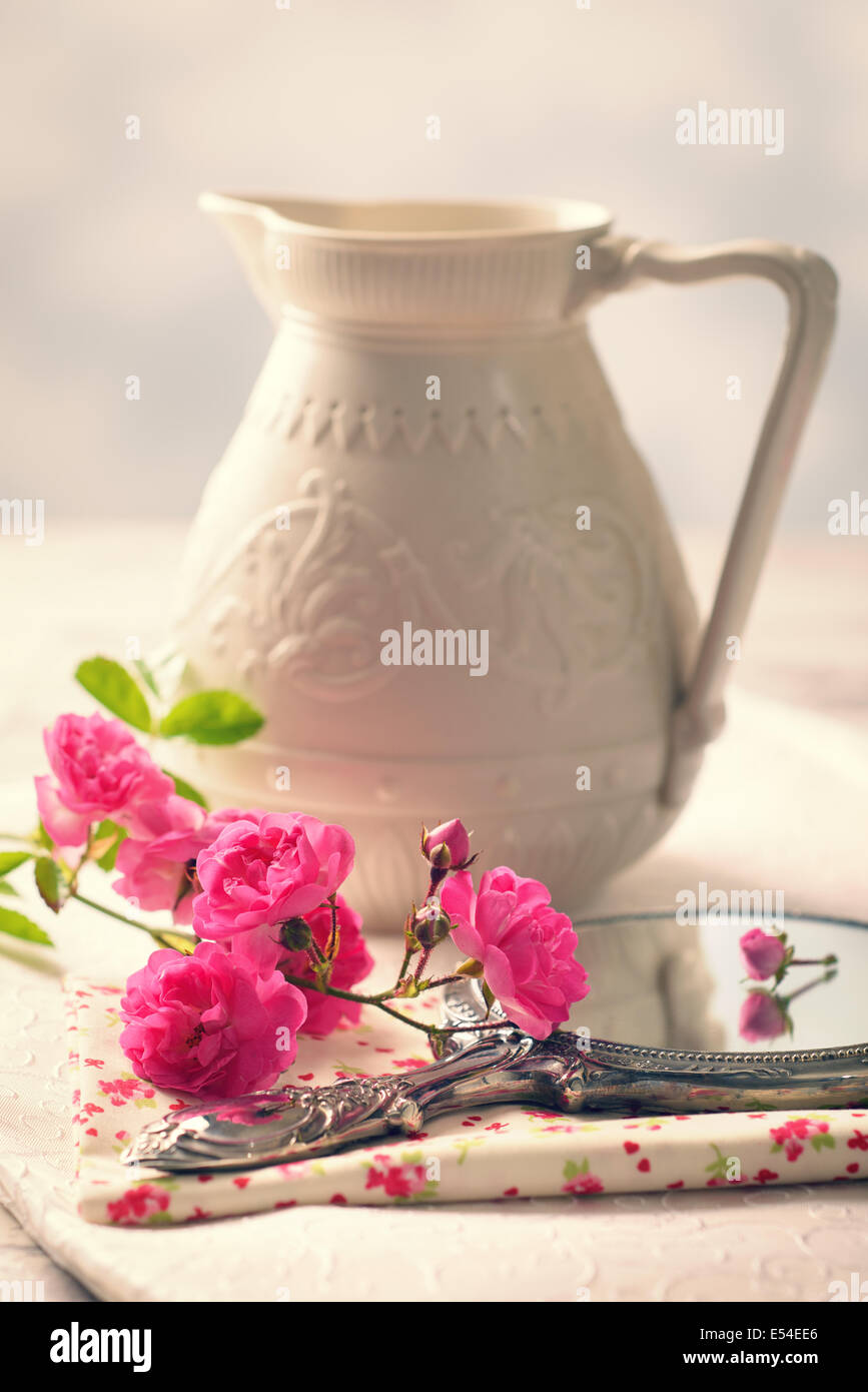 Stelo di tagliare le rose rosa sullo specchio con vuoto brocca di antiquariato in background Foto Stock