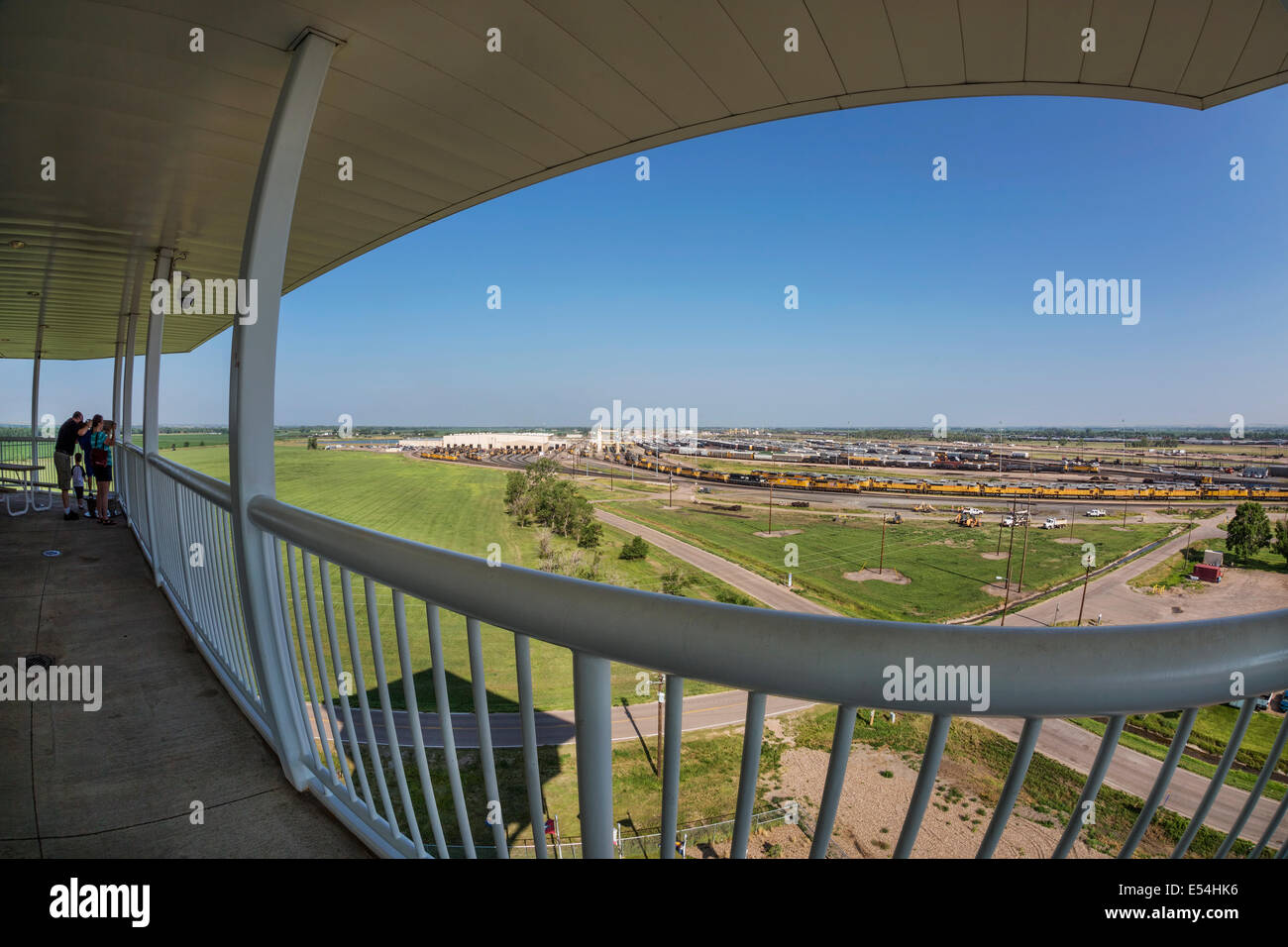 NORTH PLATTE, Nebraska, luglio 14, 2014: vista Fisheye della Union Pacific's Bailey cantiere ferroviario da Golden Spike Torre. È dove ea Foto Stock