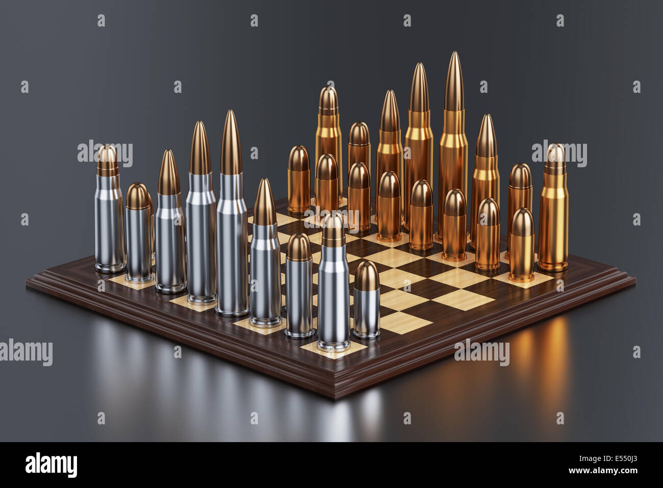 3D render del campo di battaglia con proiettili sulla tavola scacchi sullo sfondo con la riflessione Foto Stock