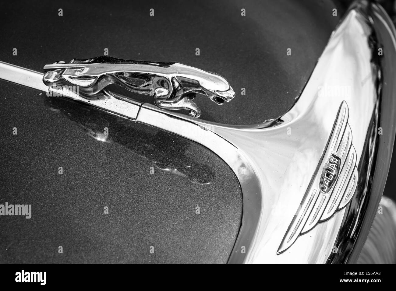 Cofano auto ornamento di una Jaguar (Jaguar nel salto). In bianco e nero. Ventisettesimo giorno Oldtimer Berlin - Brandenburg Foto Stock