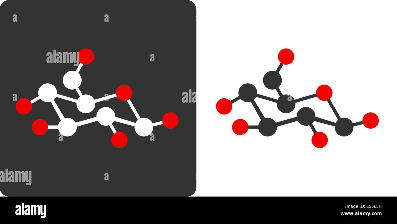 Di zucchero (glucosio, beta-D-glucosio) molecola, piatto stile icona. Carbonio (bianco/grigio) e ossigeno (rosso) atomi mostrato come cerchi, idrogeno Foto Stock