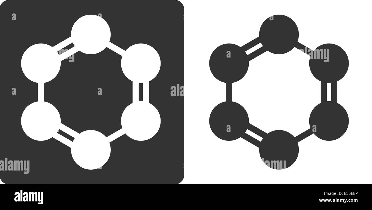 Benzene (C6H6) aromatico molecola di idrocarburo, piatto lo stile dell'icona. Gli atomi di carbonio illustrati come cerchi. Foto Stock