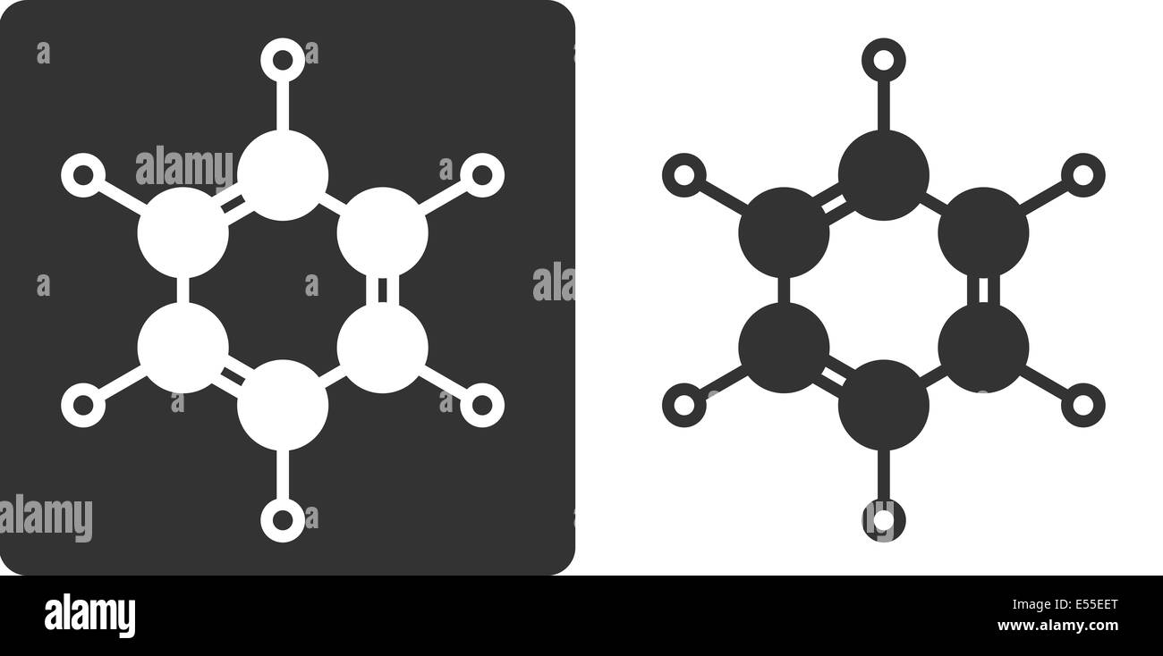 Benzene (C6H6) aromatico molecola di idrocarburo, piatto lo stile dell'icona. Atomi mostrato come cerchi (carbonio - grande, idrogeno - piccola). Foto Stock