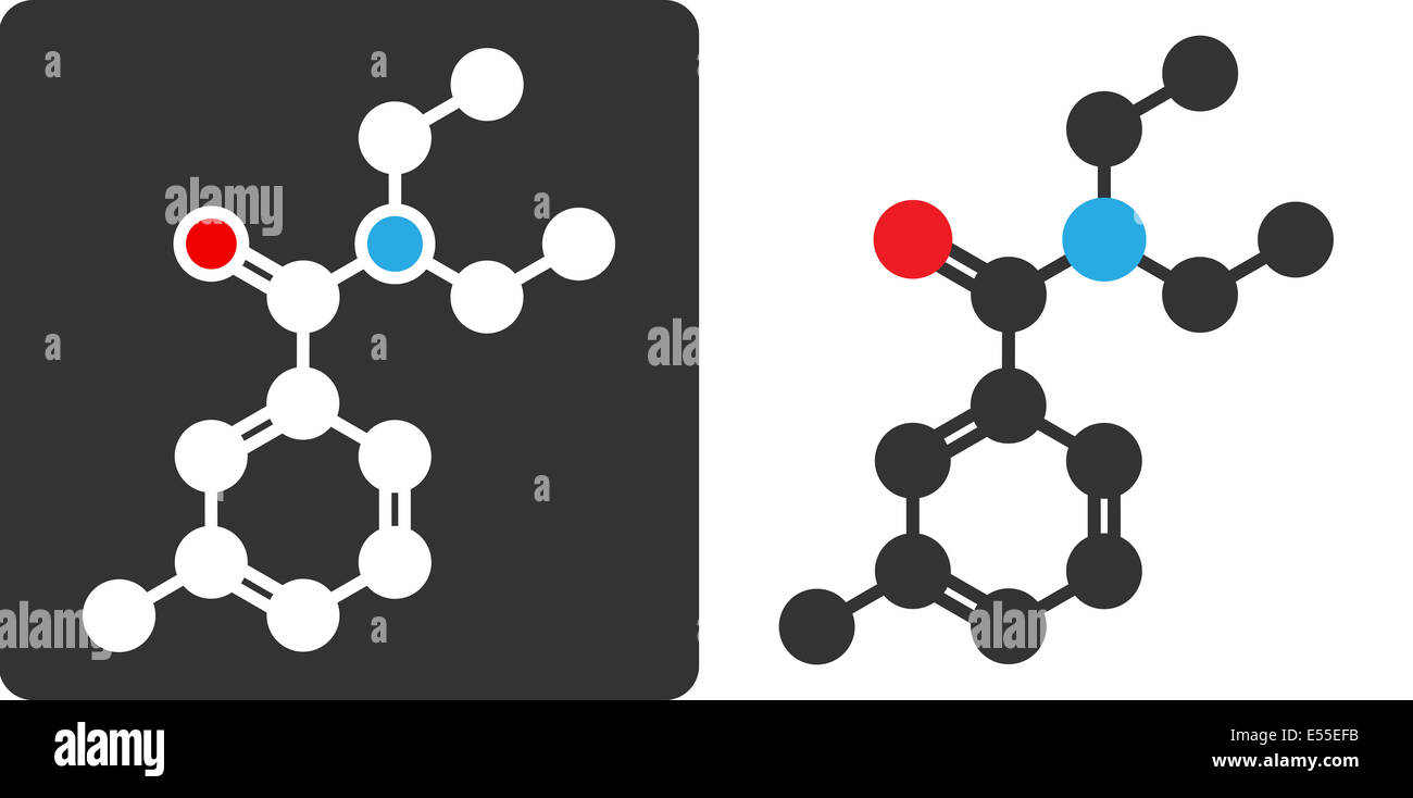 DEET (N,N-dietil-meta-toluamide) repellente per insetti molecola, piatto stile icona. Atomi come mostrato con codifica a colori dei cerchi (ossigeno - rosso, Foto Stock