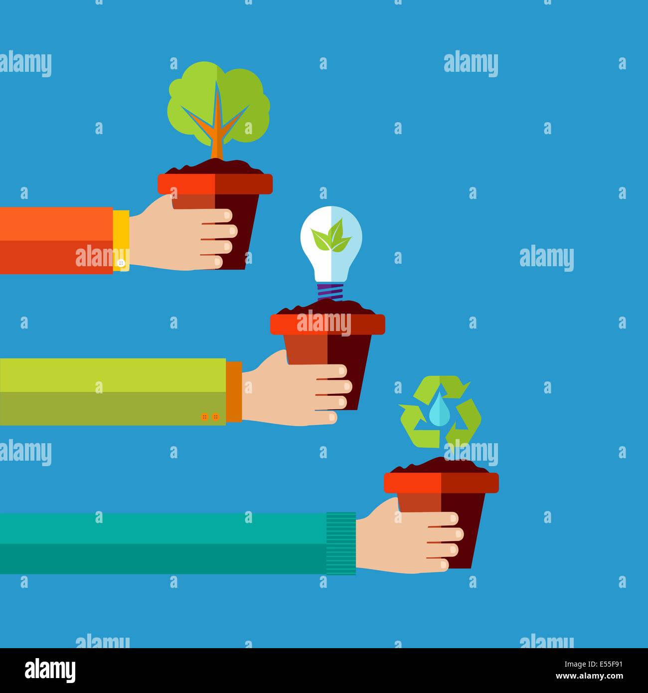 Ambiente verde e le fonti di energia rinnovabili concept design piatto lo sfondo dell'illustrazione. EPS10 file vettoriale organizzati in strati per ea Foto Stock