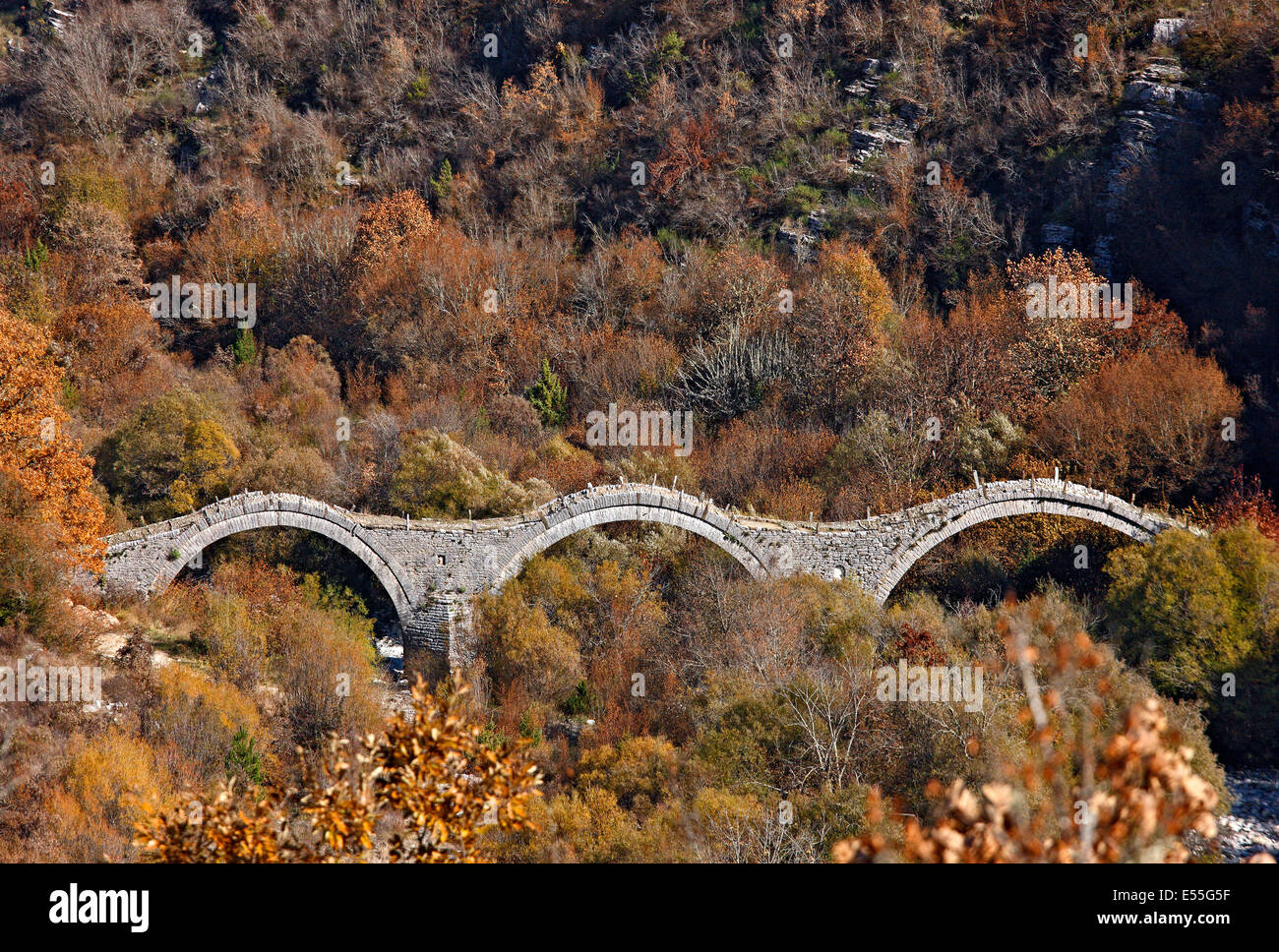 Il 3- arcuata di ponte di pietra conosciuta come 'Kalogeriko' o 'Plakidas' bridge, vicino al villaggio di Kipoi, regione di Zagori, Ioannina, Grecia. Foto Stock
