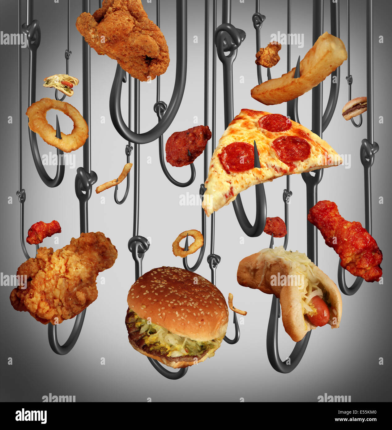 Mangiare la dipendenza health care concetto con un gruppo di pesci in metallo ganci utilizzando il fast food come esca umana come il pollo fritto hamburger Foto Stock