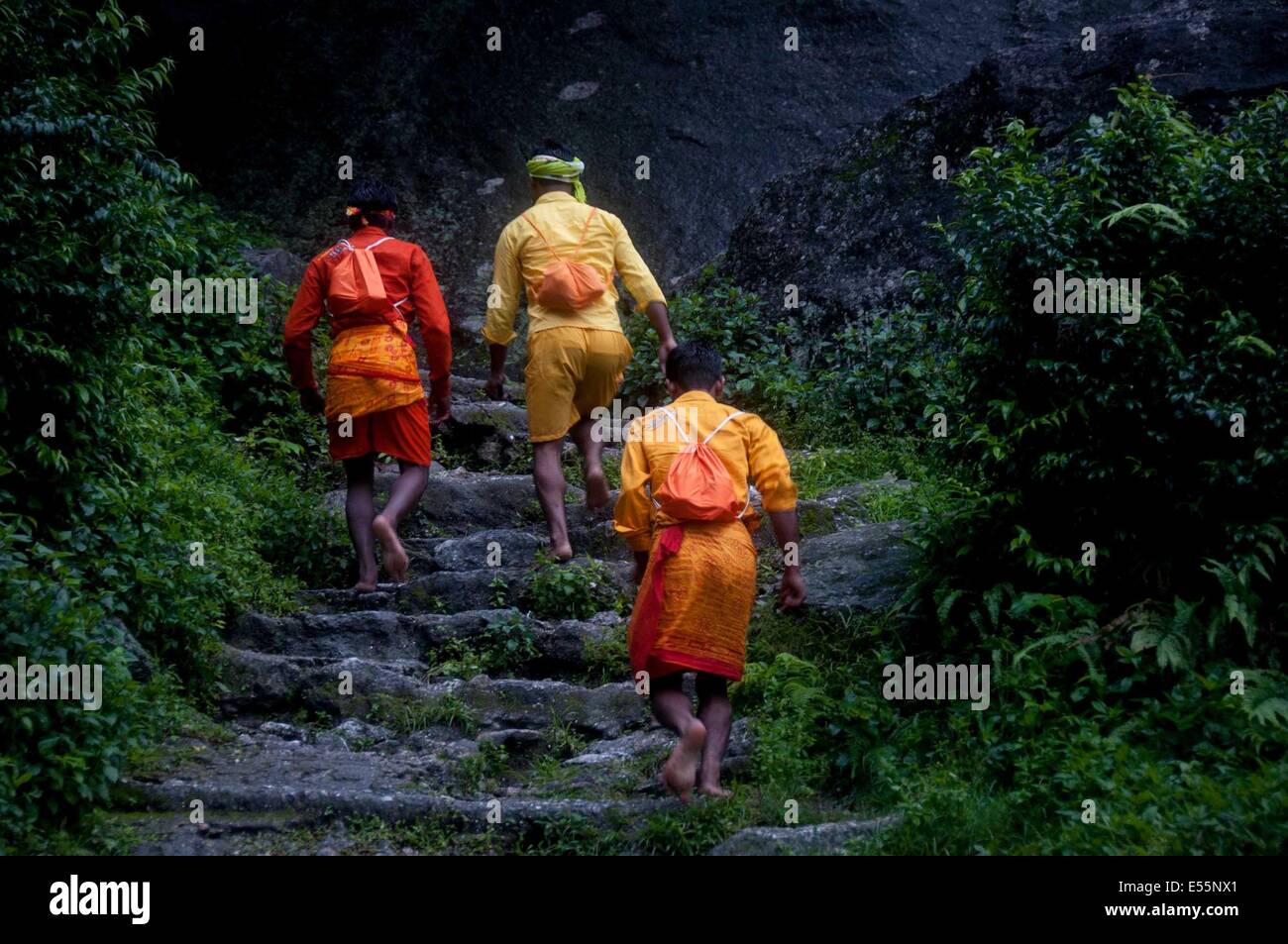 Kathmandu, Nepal. 21 Luglio, 2014. Nepalese devoti indù dirigersi verso il luogo sacro per raccogliere acqua dal fiume Bagmati durante il Bol Bom pellegrinaggio a Sudarijaal nella periferia di Katmandu, Nepal, luglio 21, 2014. Durante il pellegrinaggio, devoti a piedi scalzi miglia prima di offrire l'acqua a Pashupatinath signore Shiva tempio di Katmandu. Credito: Pratap Thapa/Xinhua/Alamy Live News Foto Stock