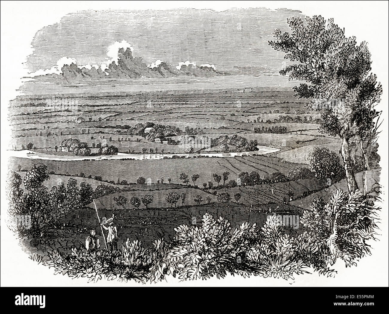 Vista sul Fiume Tamigi a Runnymede. Victorian xilografia incisione di circa 1845. Foto Stock