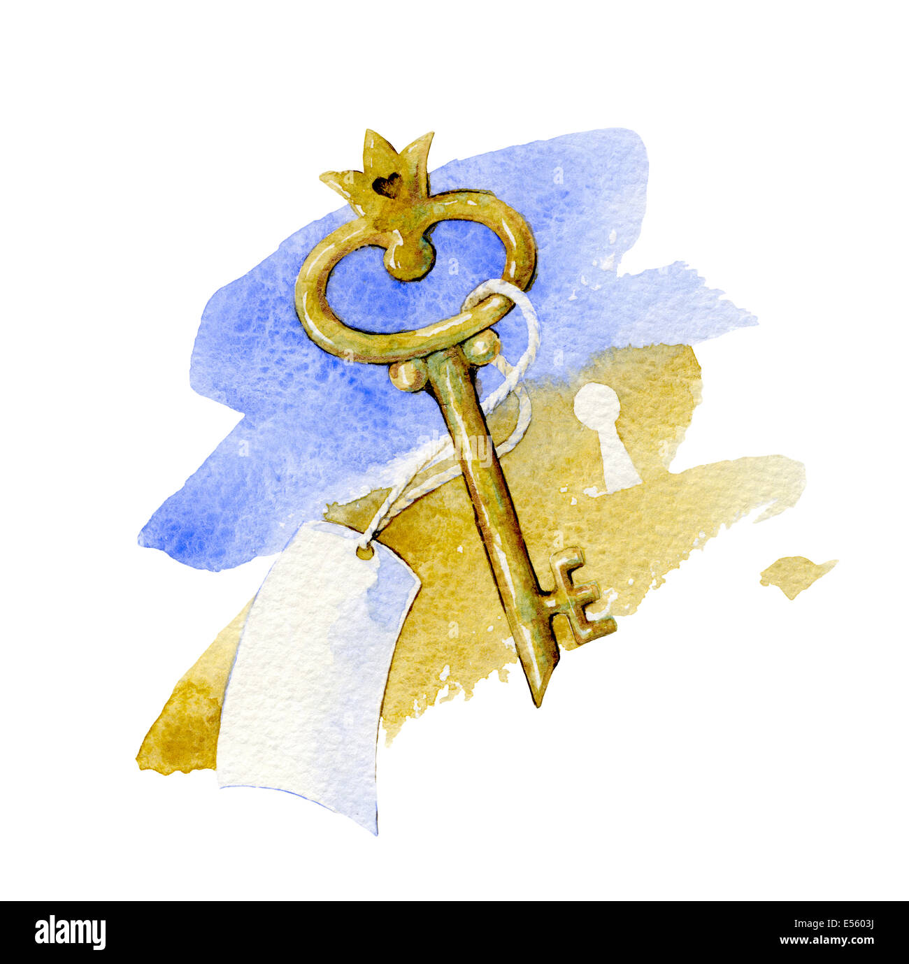 Chiave dorata con etichetta vuota. Illustrazione ad acquerello Foto Stock