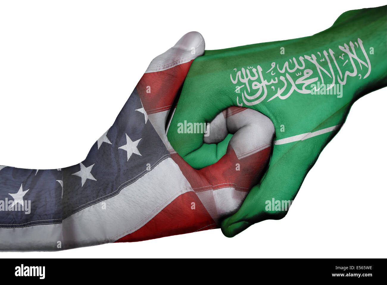 Handshake diplomatiche tra paesi: bandiere di Stati Uniti e Arabia Saudita sovradipinta le due mani Foto Stock