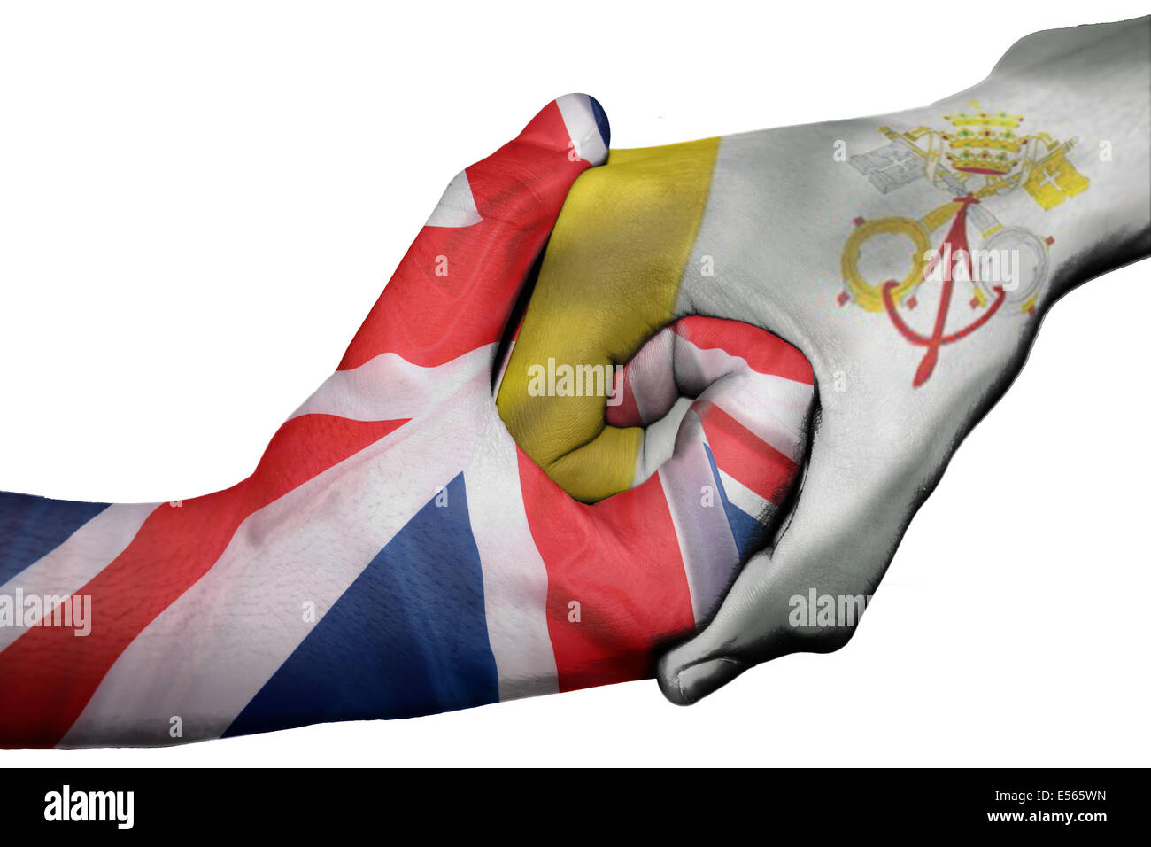 Handshake diplomatiche tra paesi: bandiere del Regno Unito e la Città del Vaticano sovradipinta le due mani Foto Stock
