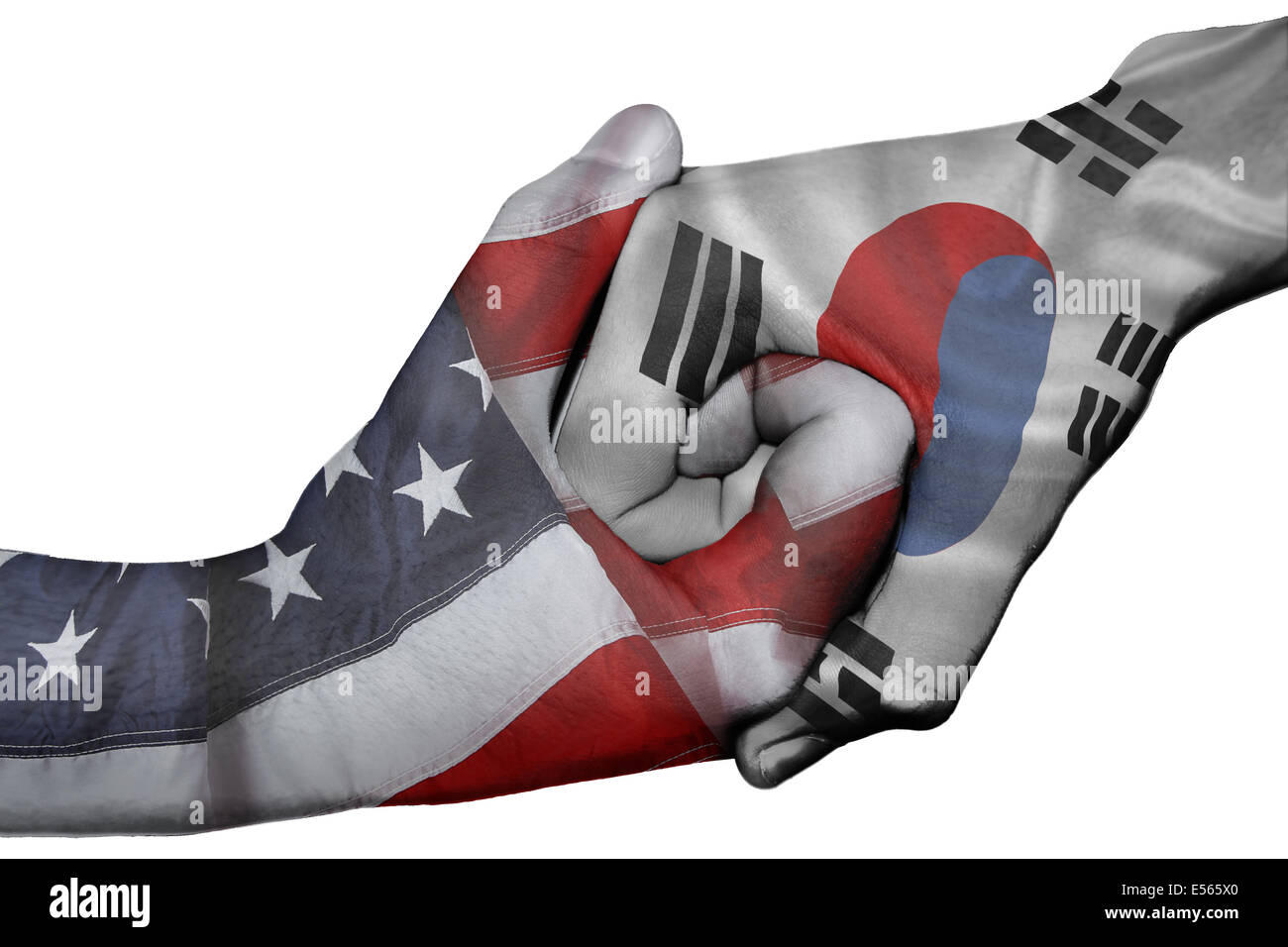 Handshake diplomatiche tra paesi: bandiere di Stati Uniti e Corea del Sud sovradipinta le due mani Foto Stock
