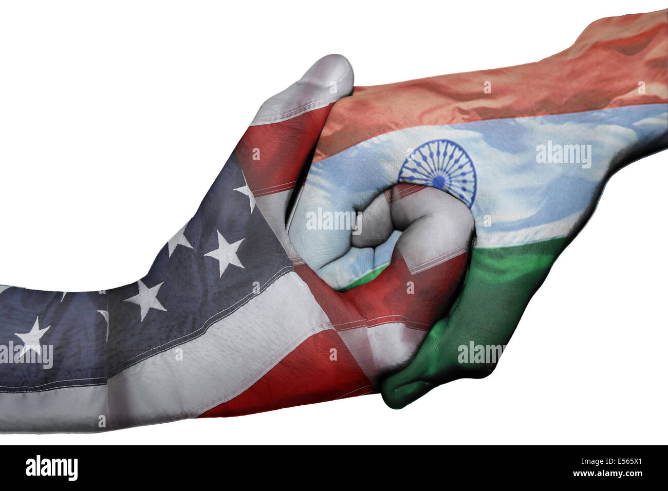 Handshake diplomatiche tra paesi: bandiere di Stati Uniti e India sovradipinta le due mani Foto Stock