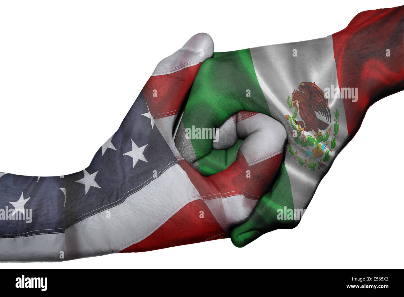 Handshake diplomatiche tra paesi: bandiere di Stati Uniti e Messico sovradipinta le due mani Foto Stock
